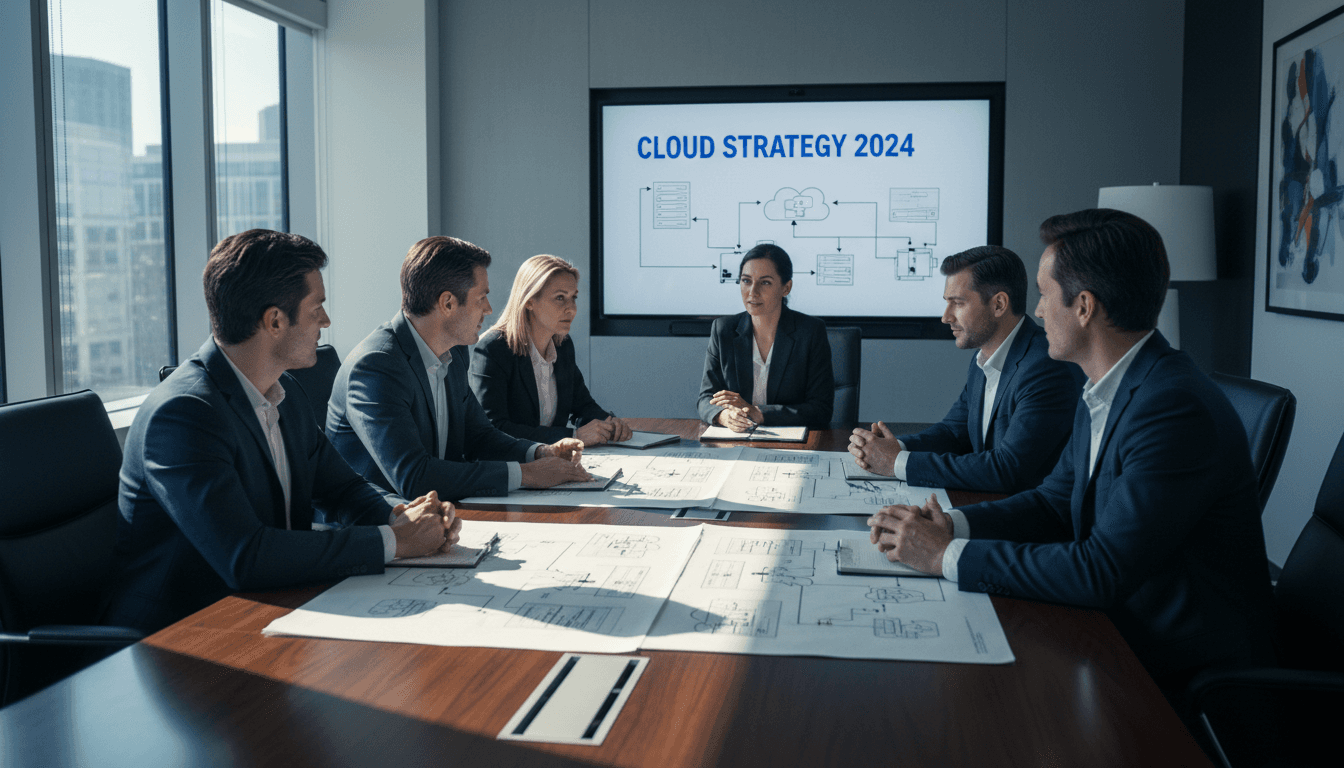 Aurora Byte IT strategy team reviewing cloud migration and infrastructure planning documents together