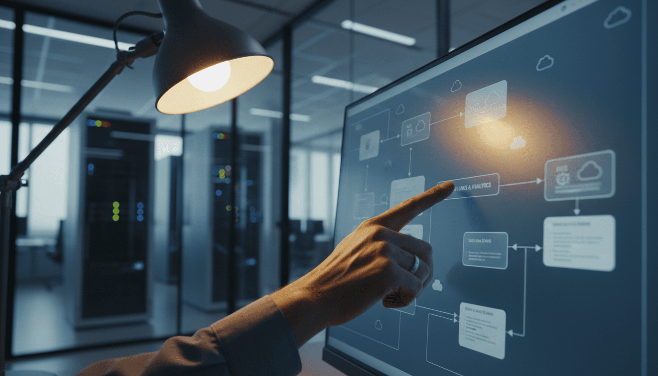 IT architect reviewing cloud infrastructure diagram on computer monitor
